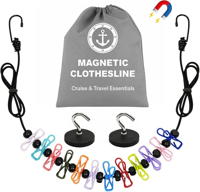 Magnetic Travel Clothesline - Cruise Ship Essentials & Must Haves 2026 - Stretches to 12ft Retractable Laundry Drying Line with Non-Scratch Magnetic Hooks, Positioning Beads & 12 Anti-Slip Clips