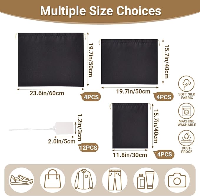 Ewen 12 Pack Satin Drawstring Dustbags with Blank Tags, Dustproof Packing Bags Set in Small Medium Large, Black Travel Essentials Organizer Pouch for Handbags Clothes Storage Shoes Purse Organization