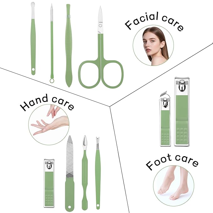 Manicure Set Gift for Women Men, Easter Basket Stuffers for Teens Boys, 10 In 1 Finger and Toe Nail Clippers Kit, Men's Grooming Pedicure Tools with Portable Travel Case, Matcha Green