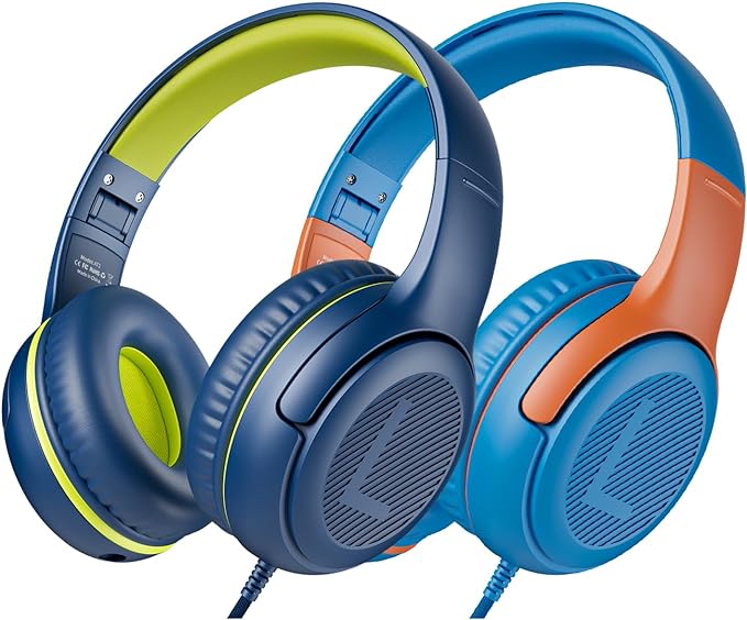 awatrue 2PCS Kids Headphones for School Travel, 85/94dB Safe Volume Limit, 3.5mm Jack, HD Mic, Portable Wired Headphone with Shareport, Stereo Sound On-Ear Headphones for Toddler Kids Girls Boys