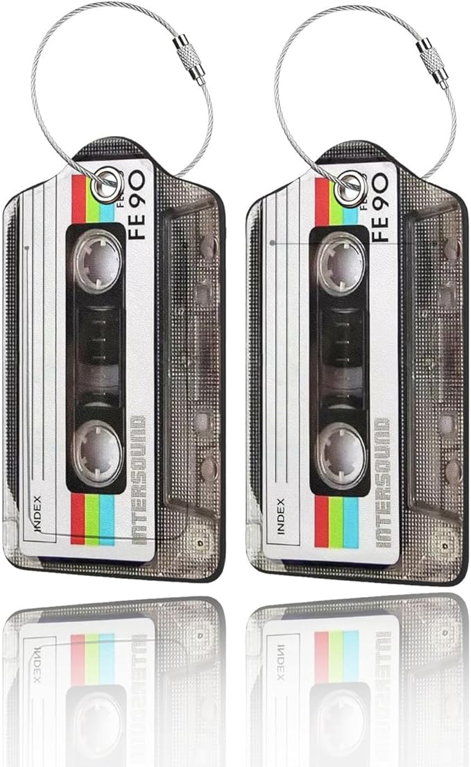 GACCAP 2 Pack Luggage Tags for Suitcase, Privacy Cover ID Label with Stainless Steel and Address Card for Travel Bag Backpack Cruise Ship Essentials Tag Women Men - Retro Cassette Tape
