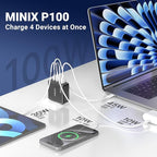 MINIX 100W USB C Charger, 4-Port Fast GaN Charger, Compact Foldable Wall Charger, Compatible with MacBook Pro/Air, iPad Pro, iPhone 17/16/15 Series, Galaxy S25/S24, and More for Home, Travel