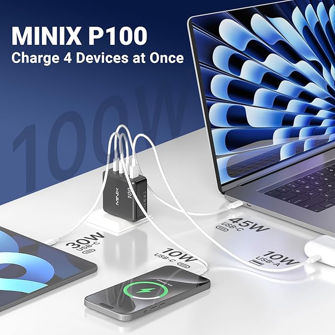 MINIX 100W USB C Charger, 4-Port Fast GaN Charger, Compact Foldable Wall Charger, Compatible with MacBook Pro/Air, iPad Pro, iPhone 17/16/15 Series, Galaxy S25/S24, and More for Home, Travel