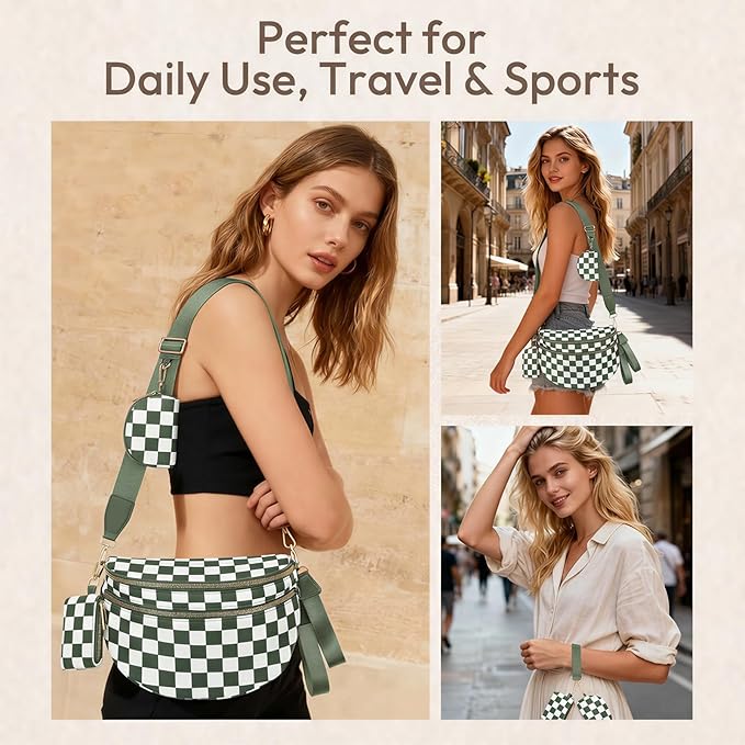 Cross Body Bag for Women Checkered Crossbody Bags Bum Bags for Women Fanny Packs for Girls Small Nylon Checkered Purse Trendy Shoulder Bag (RS-YB-Checkered Green White, One Size)