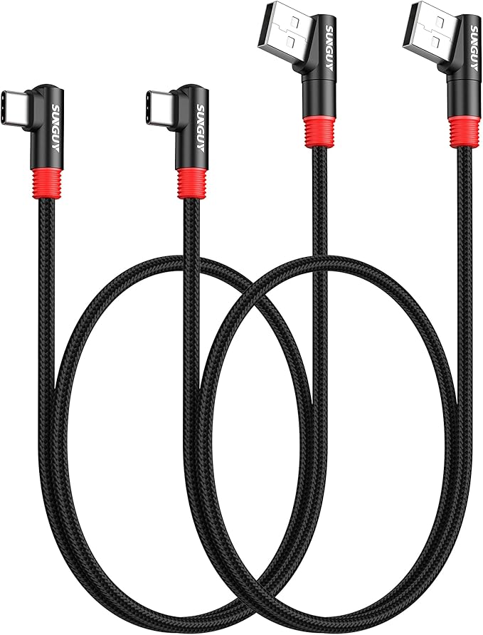 SUNGUY Right Angle USB C to A Cable 2FT/0.6m, 2Pack 3A Short USB-A to USB-C 90 Degree Fast Charging Data Sync Cable Nylon Braided for Samsung Galaxy S22 S20 S10 S9, LG, Google Pixel, Power Bank