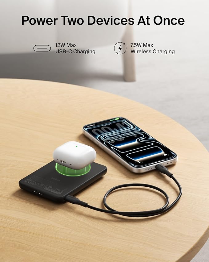 Belkin MagSafe Power Bank 5,000mAh, Ultra-Slim Qi2 15W Certified Magnetic Back Supports MagSafe Accessories On-the-Go, Wireless Battery Pack w/USB C Cable for iPhone 17, Pixel 10, Travel - Black