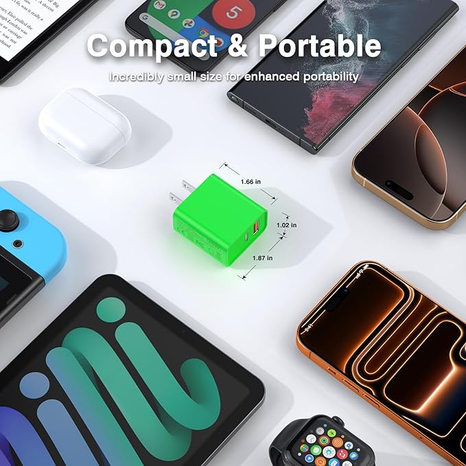 LCGENS 2-Pack USB C Wall Charger, 20W Type C Fast Charger Block Plug Dual Port PD + QC3.0 USB A Charging Brick Cube for iPhone 16/15/14, iPad,Galaxy S25/24, Google Pixel, Motorola,(Bright Green)