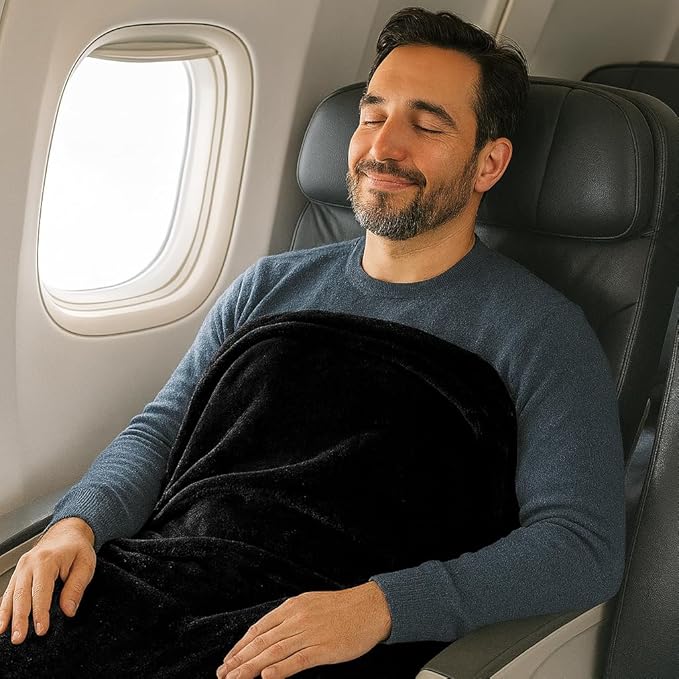 Comfort Fly Travel Blanket & Pillow – 2-in-1 Micro Plush Airplane Blanket with Carry Case (40" x 70") - Black
