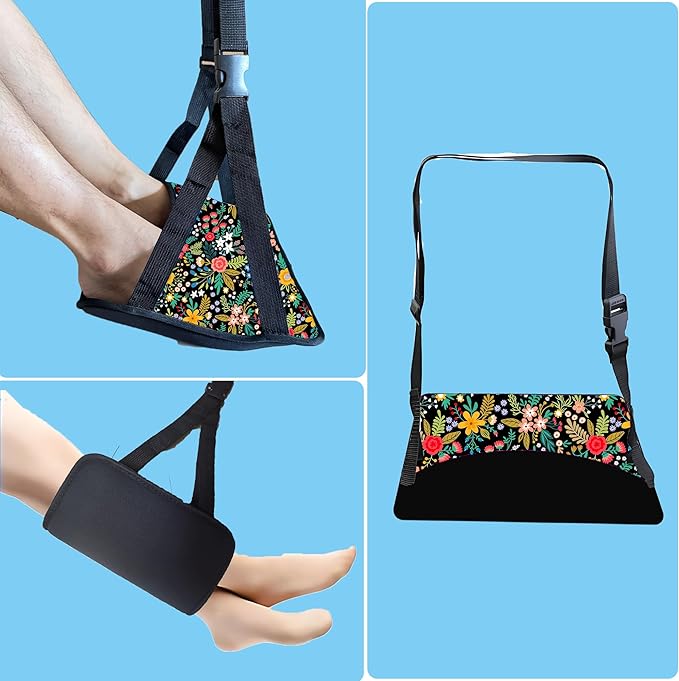 Foot Hammock for Plane Travel Essentials Relax Your Foot Rest for Airplane Gadgets Adustable Airplane Travel Accessories for Flight Essentials (Flower)
