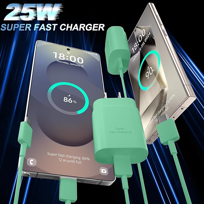 USB C Android Charger Fast Charging Cord, Super Fast Phone Chargers 6.6FT C to C Type Cable with 25W USBC Wall Block for Samsung Galaxy S26 S25 S24 Ultra Plus/S23/S22/S21/S20/Note 20/10, Green
