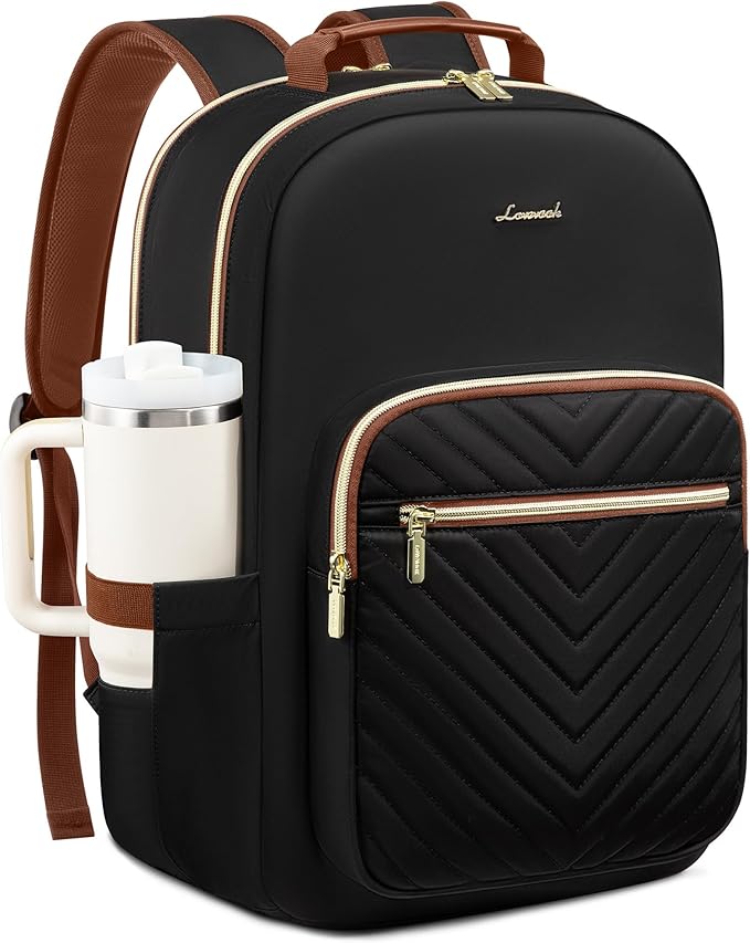 LOVEVOOK Laptop Backpack for Women with Giant Tumbler Holder 17.3 inch,Designer Travel Backpack Laptop Bag College Backpack,Quilted Work Nurse Teacher Backpack Purse Computer Bag Daypack,Black Brown