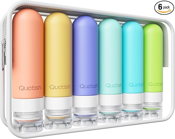 Quatish Travel Bottles for Toiletries 6 Pack, Original Patented Leakproof 3 oz Tsa Approved Travel Size Containers, BPA Free Silicone Shampoo and Conditioner Bottles, Camping Essentials