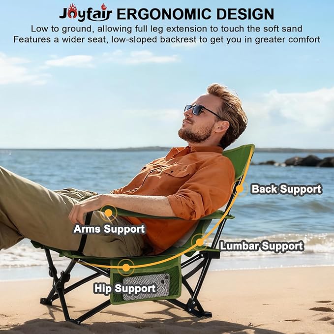 Joyfair Beach Camping Chair (2 Pack), Outdoor Folding Lawn Chair for Adults, Heavy Duty Portable Chair with Armrest for Outside Fishing, Sport, Patio, Cup Holder & Storage Pocket, Carry Bag (Green)