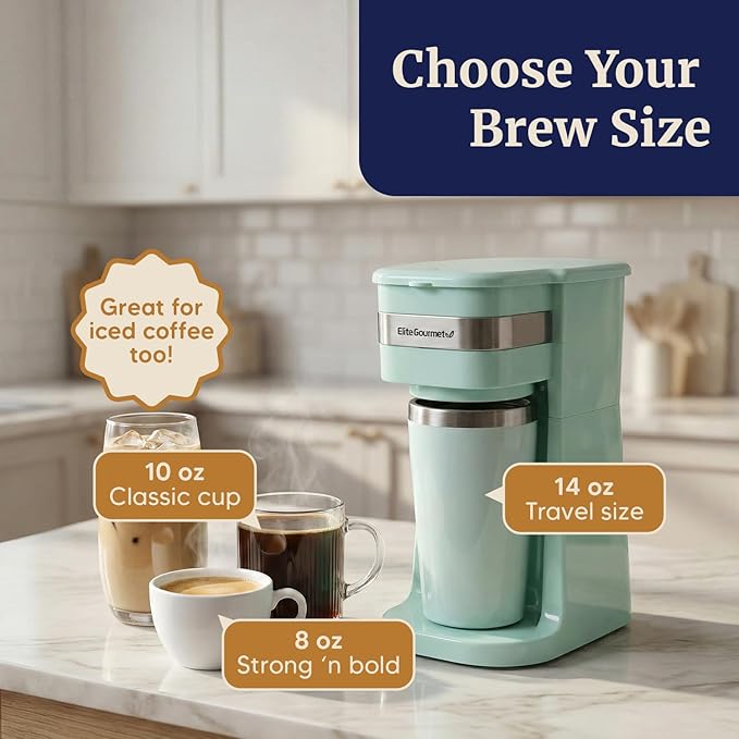 Elite Gourmet EHC113M Personal Single-Serve Compact Coffee Maker Brewer Includes 14Oz. Stainless Steel Interior Thermal Travel Mug, Compatible with Coffee Grounds, Reusable Filter, Mint