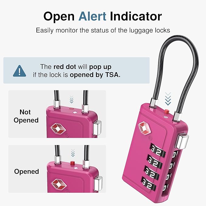 Puroma TSA Approved Luggage Travel Locks with Open Alert Indicator, 4 Digit Combination Resettable Code Zinc Alloy Lock for Suitcase, Backpack, Bag, Toolbox, Locker (2 Pack, Rose Purple)