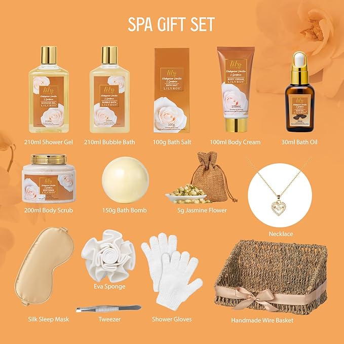 Gifts for Women, Spa Gift Basket for Women, Mothers Day Gift Basket for Mom - Vanilla Bath and Body Gift Basket Set, Spa Kit | Gifts for Christmas, Valentines Day, Birthday, Bath Spa Gift Sets for Her