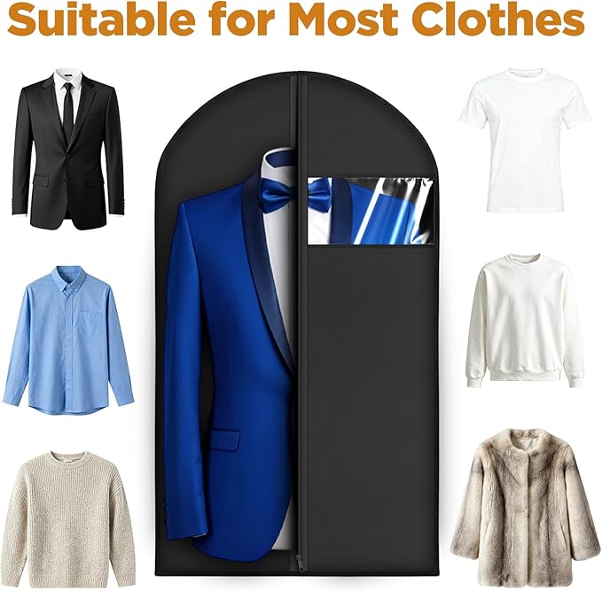 8 Pack Garment Bags for Hanging Clothes, 40 inch Washable Suit Bags for Closet Storage and Travel with Clear Window, Garment Bag for Travel and Storage, Black
