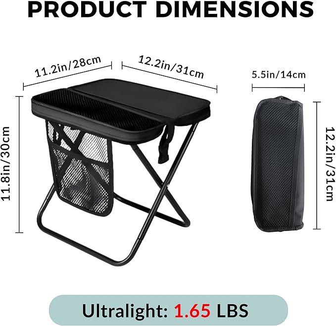 12" Portable Collapsible Stool - Folding Chair with Storage Pouch, Convertible Satchel for Hands-Free Carry & Supports 265Lbs, Ultralight for Hiking, Fishing, Camping, Festivals (Black, Standard)