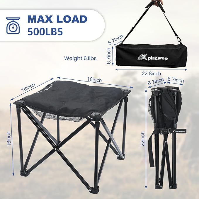 Padded Camping Stool, 18 Inch Oversized Folding Camping Foot Rest, 500lb Outdoor Camp Chair Footstool, Portable Camping Ottoman w/Storage Net, Carry Bag, for Camping Gardening (2, Black)