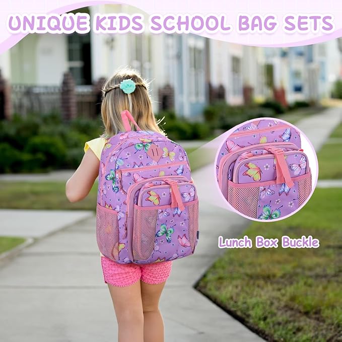 VASCHY Toddler Backpack Lunch Bag Set, Girls School Bookbag Insulated Lunch Box for Kids Preschool,Daycare,Kindergarten,Elementary School Butterfly