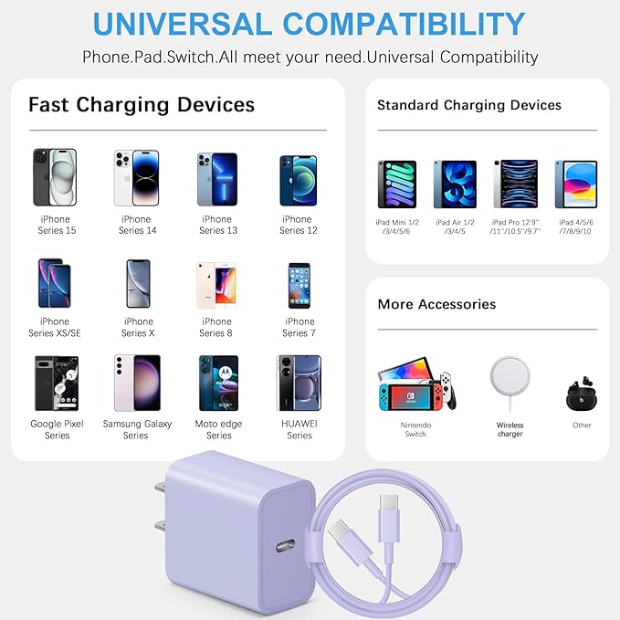 iPhone 17 16 15 Charger Fast Charging 3+3Pack Type C Charger USB C Chargers Block with 10FT Cable for iPhone Air/17/17 Plus/17 Pro/17 Pro Max/16/16 Plus/16 Pro/16 Pro Max/15/15 Pro Max (Purple)