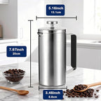 Samll French Press Coffee Maker 21OZ, Stainless Steel 600ml Coffee Press with Black Handle for Personal, Office, Travel,Camping (Sanding Silver, 1-3 Cups)