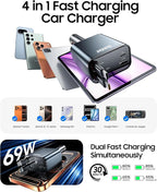 69W Retractable Car Charger, 4 in 1 Fast Charger USB C Car Truck Accessories for Men Women, Car Accessories for Valentines Day Gifts for Him Her, Travel Essentials for iPhone 17 Pro Max,Galaxy