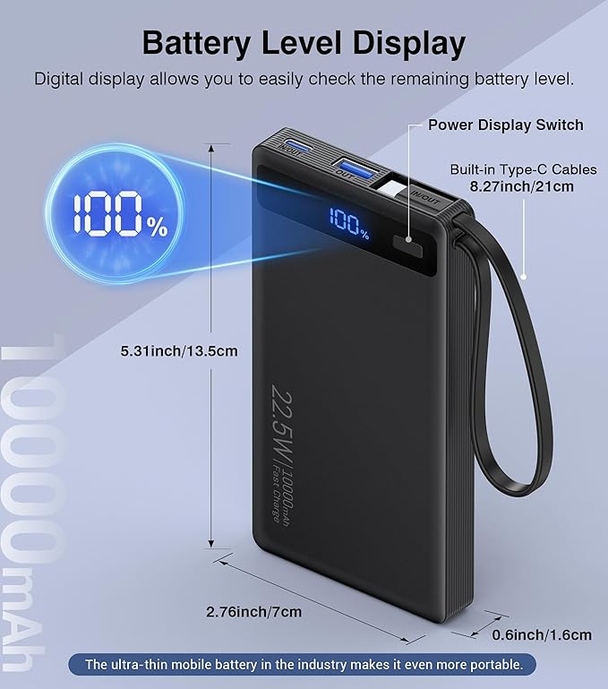 Power Bank with 2 Built-in Cables 10000mAh, 22.5W PD Slim Portable Charger USB C Battery Pack, Travel Essentials Fast Charging Powerbank Compatible with iPhone 17 16 15 Plus Pro Samsung iPad (1 Pack)