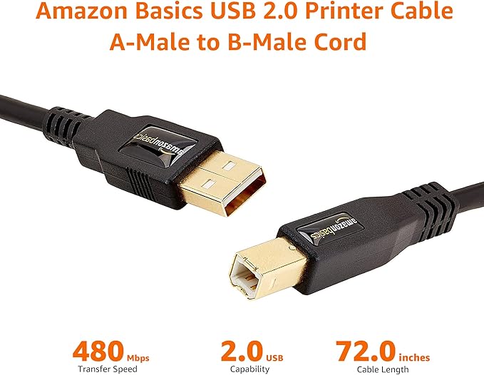 Amazon Basics 24-Pack High-Speed USB 2.0 Cable, USB-A to USB-B for Printers or External Hard Drive, Gold-Plated Connectors, 6 Foot, Black