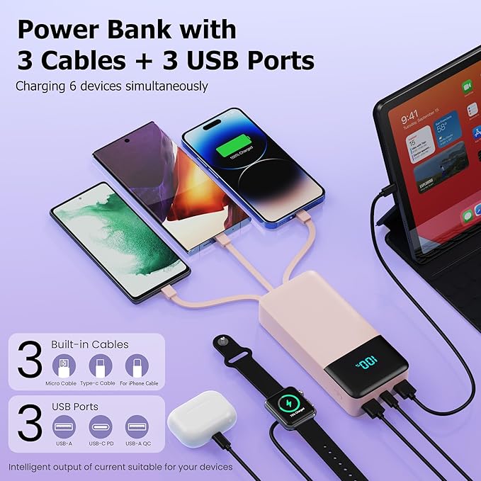 Portable Charger Power Bank 50800mAh,25W USB C Fast Charging Battery Pack with 3 Built in Cables & LED Display,6 Output 2 Input Travel Essentials Phone Charger for iPhone 17/16/15,Android etc (Pink)