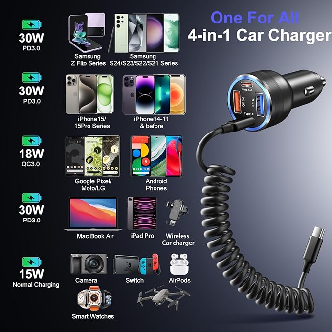 USB C Car Charger, Bangfun 65W 4-Port Dual 12V USB Car Power Charger PD&QC3.0 Fast Charging Cigarette Lighter Adapter Plug for iPhone 17 16 15 Pro iPad Air Samsung S25+5ft Type C Coiled Cable (Black)