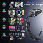 USB C Car Charger, Bangfun 65W 4-Port Dual 12V USB Car Power Charger PD&QC3.0 Fast Charging Cigarette Lighter Adapter Plug for iPhone 17 16 15 Pro iPad Air Samsung S25+5ft Type C Coiled Cable (Black)