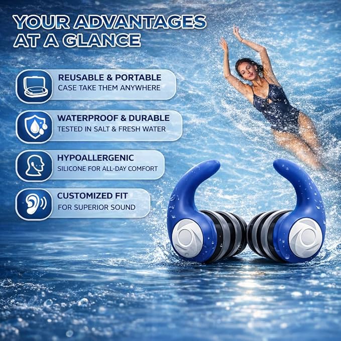 Swimming Ear Plugs for Adults with Lanyard, 3 Pairs Waterproof Reusable Soft Silicone Swim Earplugs for Pool, Surfing, Diving, Showering