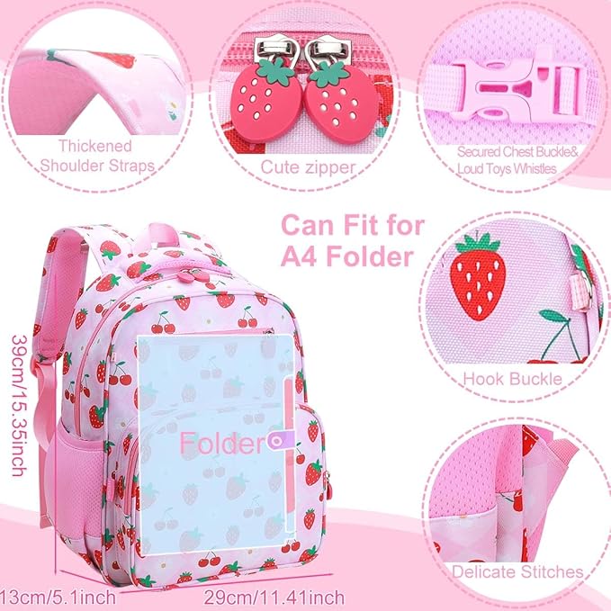 RHCPFOVR Kids Backpack for Girls - Girls Backpack 3-8 Ages Strawberry for Kids 15 Inch School Bookbag for Kindergarten Elementary School Bookbag for Girl 1st 2nd Grade
