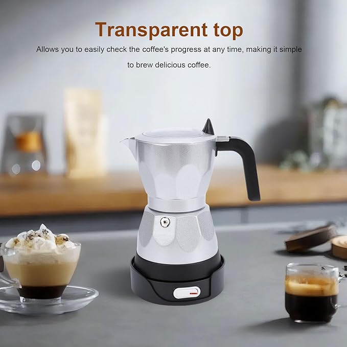 Electric Mocha Pot, 3 Cup Aluminum Machine Portable Electric Italian Cuban Coffee Maker with Detachable Base, Mocha Maker for Home Travel Office (Silver)