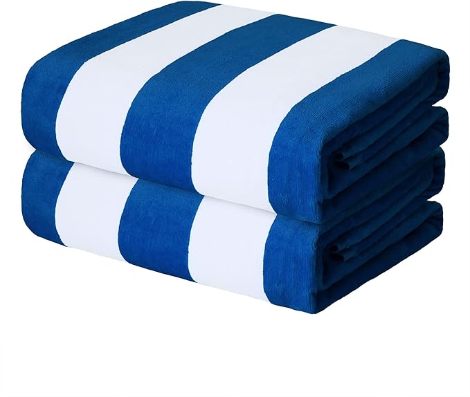 Exclusivo Mezcla 2 Pack Cotton Large 30x60 Inches Cabana Stripe Beach Towels, Super Absorbent Soft Plush Pool Towel Bath Towel (Ocean Blue)