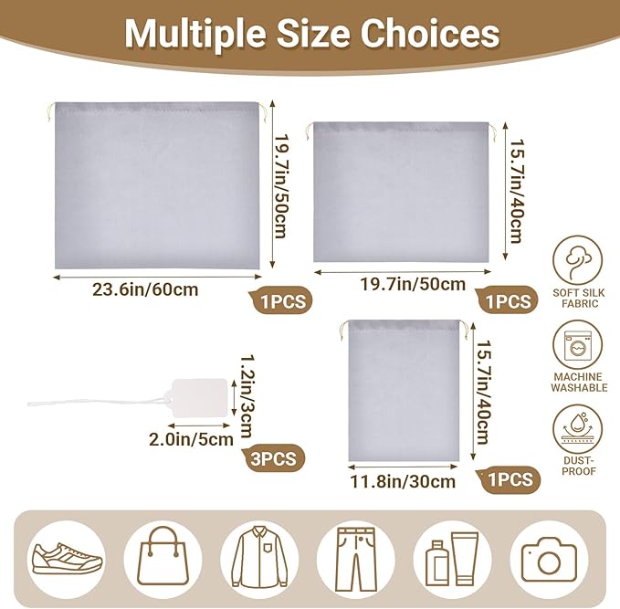 Ewen 3pcs Satin Drawstring Dustbags for Handbags with Blank Tags, Dustproof Travel Essentials Organizer Pouch in Small Medium Large Sizes, Packing Bag Set for Home Storage Jewelry Shoes Organization