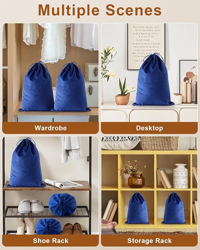 FantasyLife Shoe Bags for Travel, Washable Dust Bags for Storage & Packing, Flannel Shoe Pouch with Drawstring Closure for Purses, Handbags, Shoes & Toys (2, Palace Blue, 17.3"x12.6")