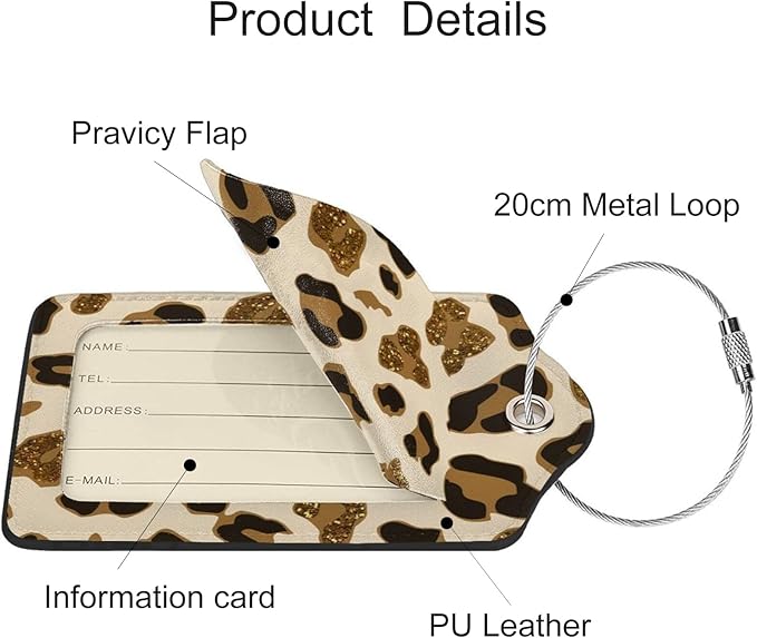 2 Pack Luggage Tags for Suitcases, PU Leather Bag Tag with Privacy Cover Address Card Travel Essentials-Gold Leopard Cheetah