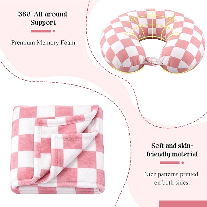 HunnmingRe 5 Pcs Travel Pillow and Blanket Set, 5 in 1 Travel Airplane Compact Includes 40 x 60 Inch Throw Blanket Eye Mask Neck Pillow Earplug and Bag Gifts for Travelers Women(Checkered,Pink)