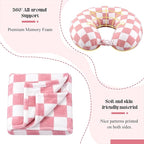 HunnmingRe 5 Pcs Travel Pillow and Blanket Set, 5 in 1 Travel Airplane Compact Includes 40 x 60 Inch Throw Blanket Eye Mask Neck Pillow Earplug and Bag Gifts for Travelers Women(Checkered,Pink)
