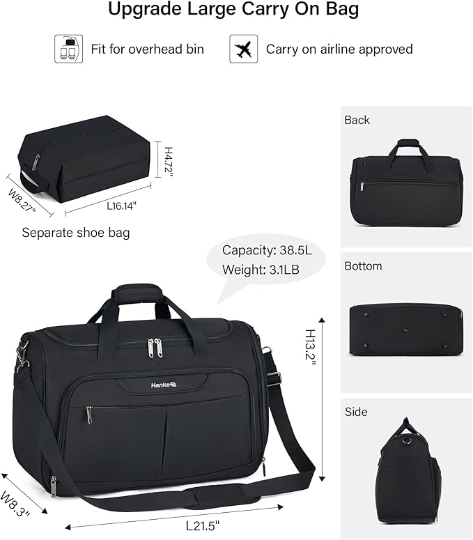 Hanke Large Capacity Travel Duffel Bag, Carry On Luggage with 12 Pockets, 17 Inch Laptop Compartment, Wet Dry Separation & Independent Shoe Bag, Lightweight Foldable Duffel Bag for Women Men（Black）
