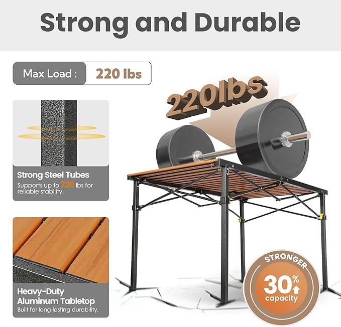 Join Nature 46.4" Large Camping Table for 2-6 People - Heavy Duty Camp Table Foldable with Aluminum Roll-Up Top & Carry Bag - 220lbs Capacity, Portable for BBQ, Tailgating, Backyard (Natural)