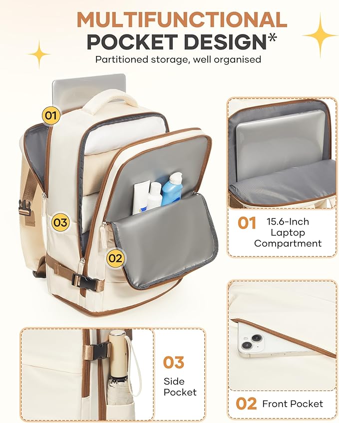 coofay Large Travel Backpack Carry on Flight Approved Mochila De Viaje Personal Item Travel Bag Backpacks for Men Women Carry on Backpack for Airplanes 18x14x8 Inches Travel Bag Beige with Brown