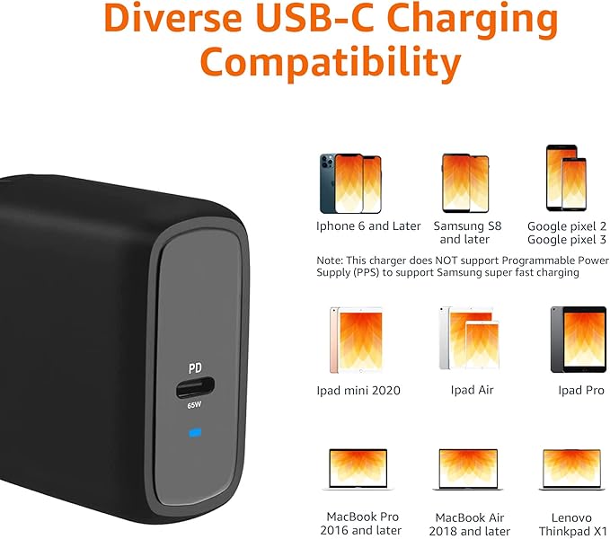 Amazon Basics 65W One-Port GaN USB-C Wall Charger with Power Delivery PD 3.0, Foldable Plug, Portable, Fast Charging for Laptops, Tablets & Phones, Black
