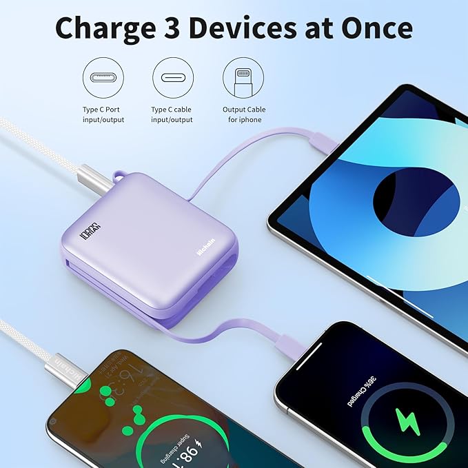Hichain Small Portable Charger with Built in Cables LED Display, Mini Power Bank 10000mAh 22.5W USB-C Fast Charging Battery Pack, Travel Essential Power Bank for iPhone, iPad, Samsung, Android Purple
