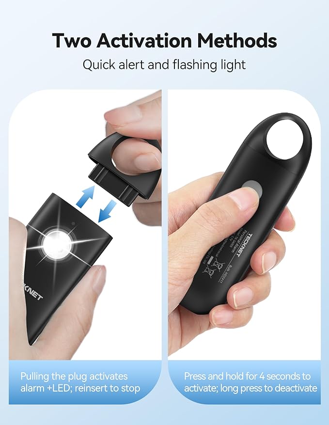 TECKNET Personal Safety Alarm,Portable Personal Alarm for Women with Flashing Strobe Light & Low Battery Alert,130dB Rechargeable Emergency Keychain Alarms for Women ,Men,Kids,Seniors(Black)