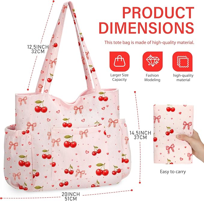 Corduroy Tote Bag for Women,Large Capacity Cute Tote Bags With 6 Pockets,Crossbody Shoulder Handbag for Work Travel Gym