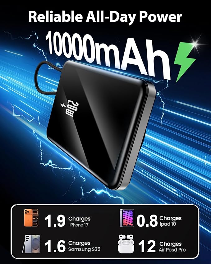 golioklsy Portable Charger Power Bank, 10000mAh Phone Charger with Built-in Cable, 20W PD Fast Charging, Slim Battery Pack with LED Display, Travel Essential for iPhone 17/16/15/14 All Series, Black