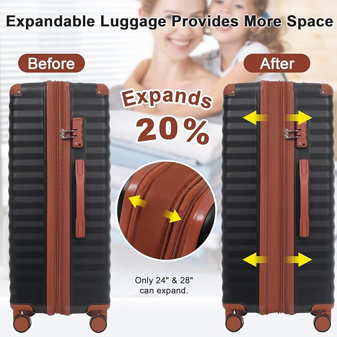 5 Piece Luggage Set w/TSA Locks & USB Port, Front Opening Hard Shell Luggage Sets, Expandable Suitcase Set with Wheels and Cup Holder(20"/24"/28") (Black Brown)